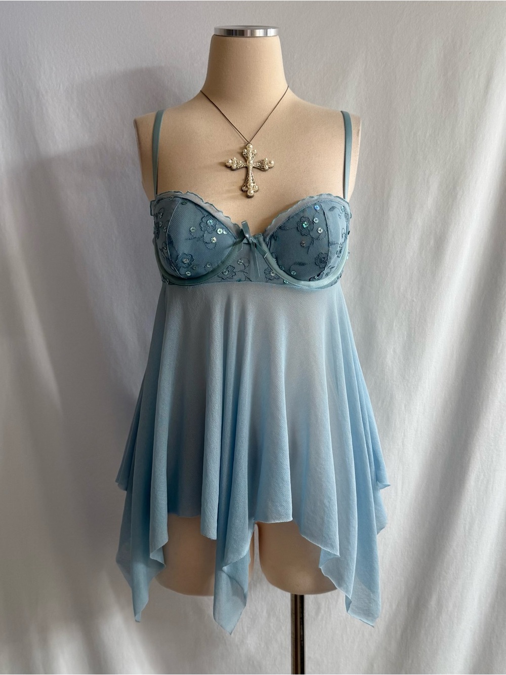 Light Blue Sheer Embroidered Babydoll Chemise